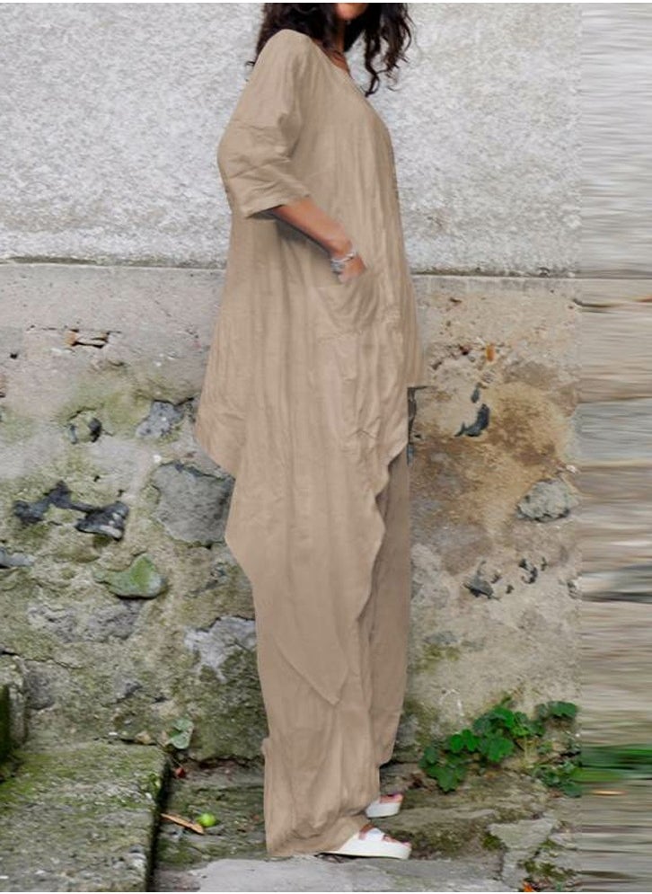 Loquat - Women's Solid Casual Set Asymmetric Hem Top Blouse Loose Long Pants With Pockets 2 Piece Loungewear Brown - Image 1