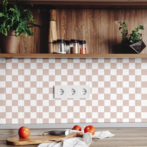 Drydiet Light Brown Checkered Peel and Stick Wallpaper 70s Retro Funky Checkered Contact Paper Geometric Waterproof Wallpaper Neutral Checkerboard Decor for Bathroom Cabinet(9.8' x 15.75'') - Image 4