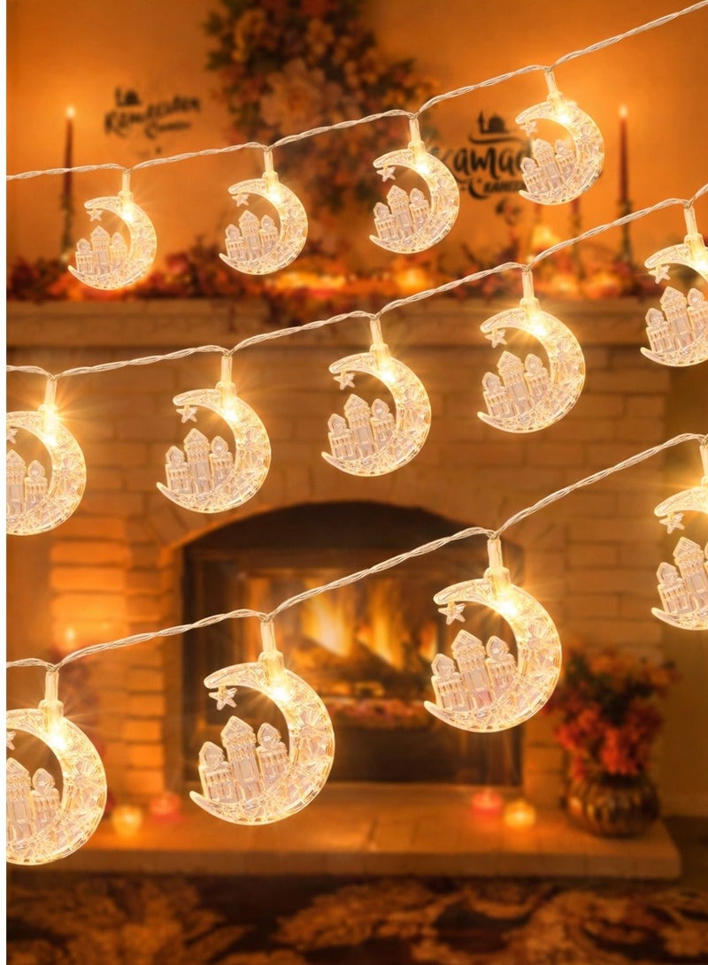 AL THURAYAT Ramadan LED string lights in the shape of crescent moons and mosque – warm Ramadan decor for homes and events, elegant and spiritual Ramadan lights in the shape of crescent moons - Image 1