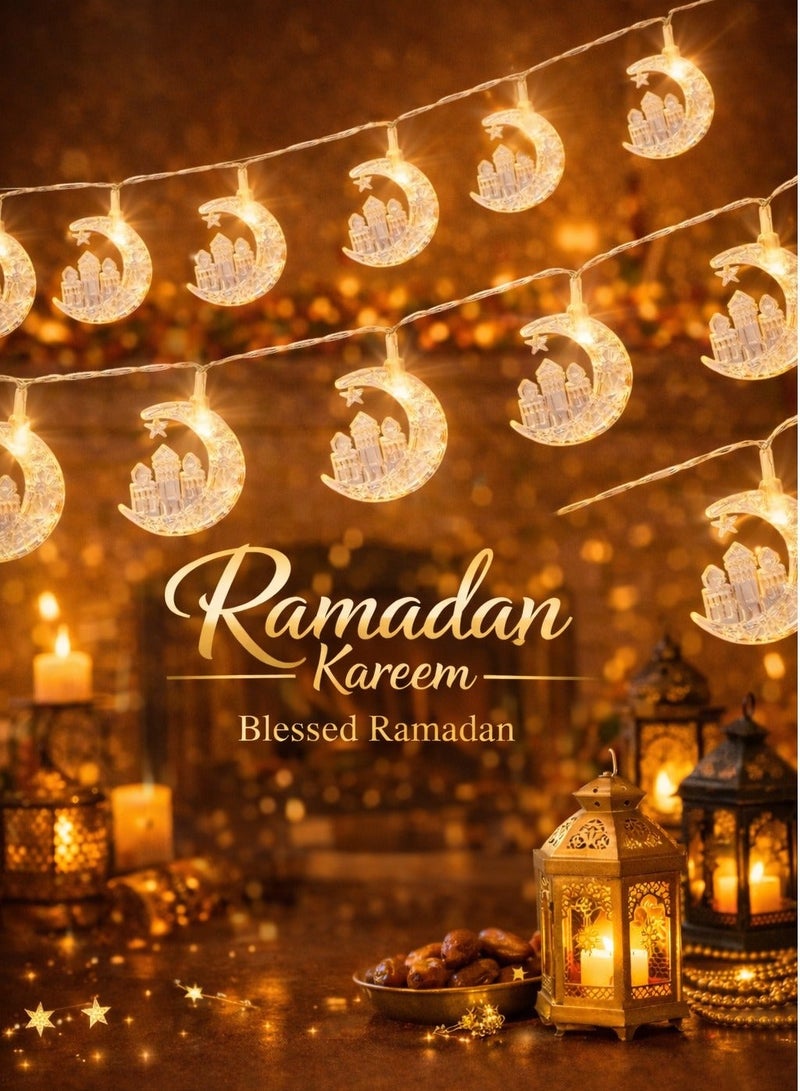 AL THURAYAT Ramadan LED string lights in the shape of crescent moons and mosque – warm Ramadan decor for homes and events, elegant and spiritual Ramadan lights in the shape of crescent moons - Image 4