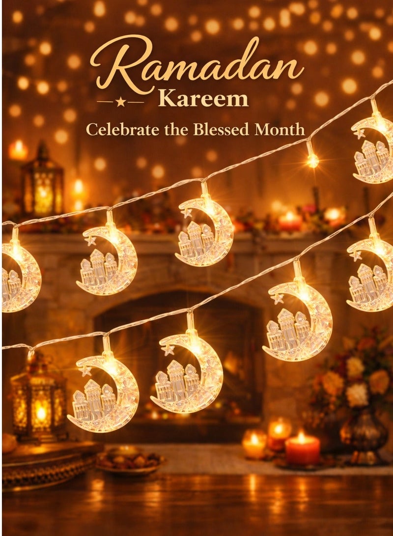 AL THURAYAT Ramadan LED string lights in the shape of crescent moons and mosque – warm Ramadan decor for homes and events, elegant and spiritual Ramadan lights in the shape of crescent moons - Image 3