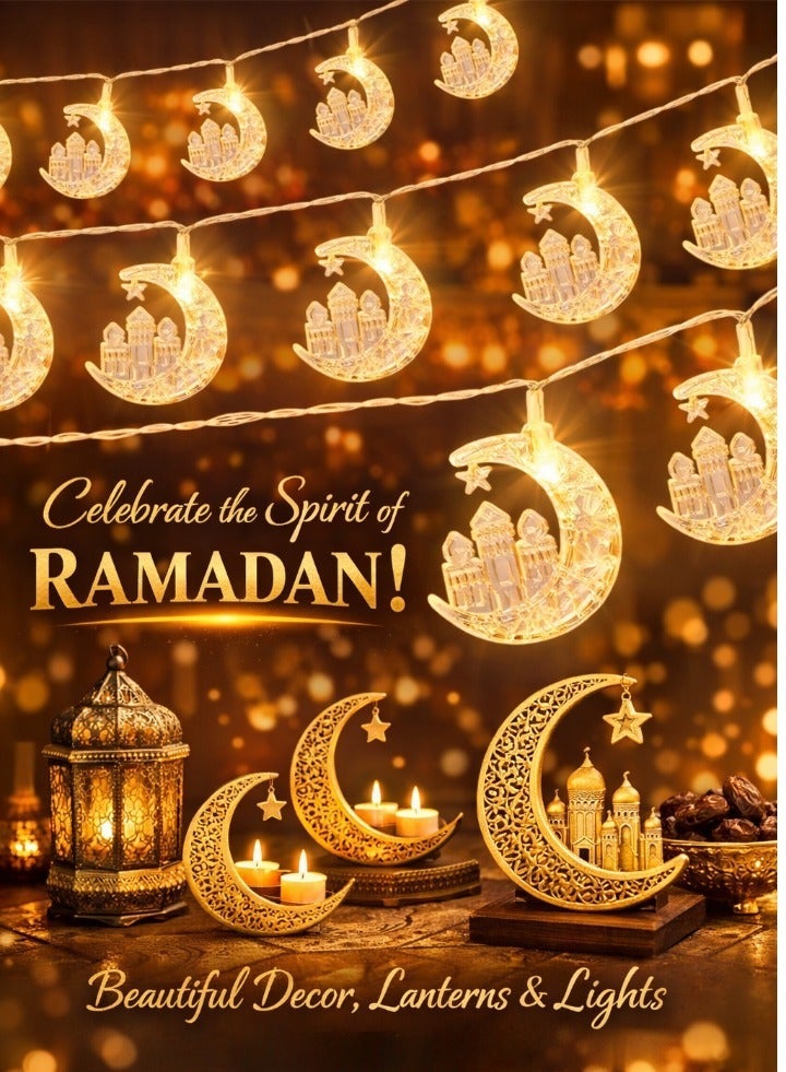 AL THURAYAT Ramadan LED string lights in the shape of crescent moons and mosque – warm Ramadan decor for homes and events, elegant and spiritual Ramadan lights in the shape of crescent moons - Image 2