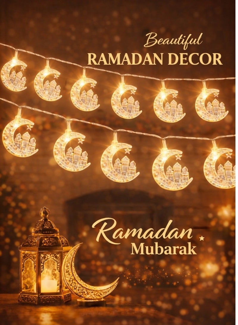 AL THURAYAT Ramadan LED string lights in the shape of crescent moons and mosque – warm Ramadan decor for homes and events, elegant and spiritual Ramadan lights in the shape of crescent moons - Image 4