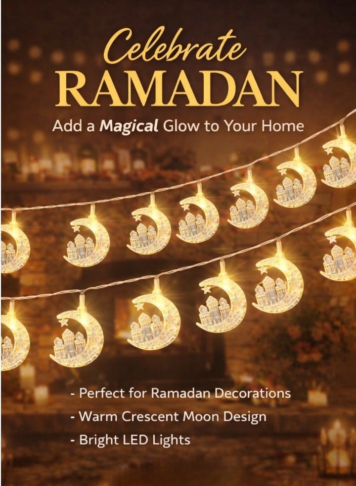 AL THURAYAT Ramadan LED string lights in the shape of crescent moons and mosque – warm Ramadan decor for homes and events, elegant and spiritual Ramadan lights in the shape of crescent moons - Image 5