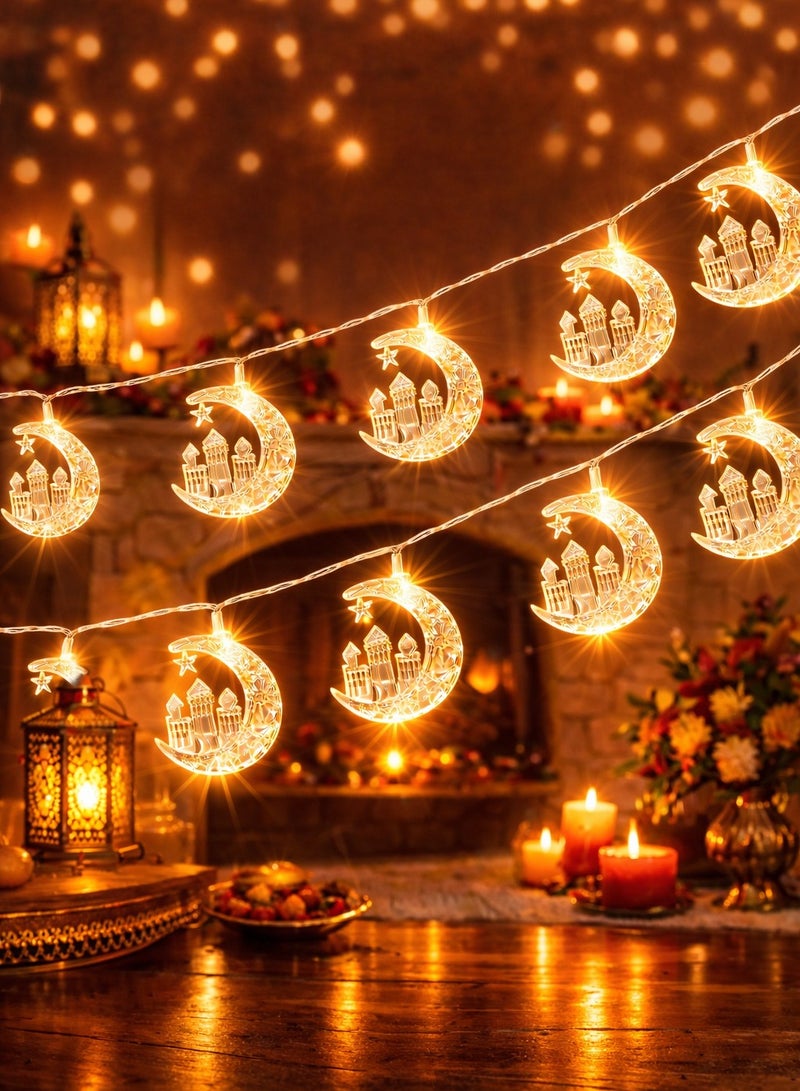 AL THURAYAT Ramadan LED string lights in the shape of crescent moons and mosque – warm Ramadan decor for homes and events, elegant and spiritual Ramadan lights in the shape of crescent moons - Image 1