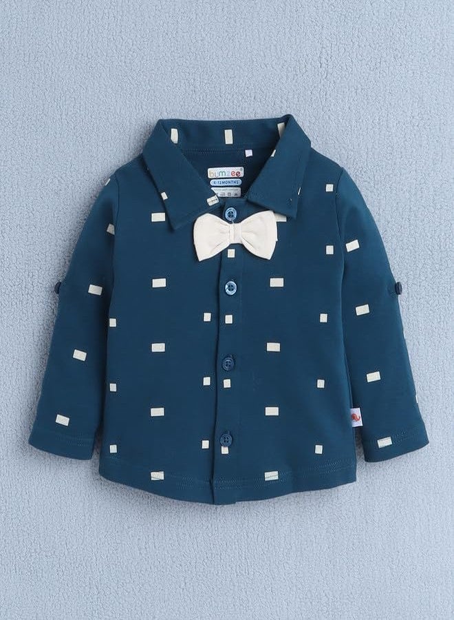 BUMZEE طقم ملابس للأولاد من BUMZEE، قميص بأكمام طويلة وسروال قصير مع صدرية وربطة عنق مزينة باللونين الأزرق المخضر والبيج - من 3 إلى 6 أشهر (Peb10526B-tel) - Image 2