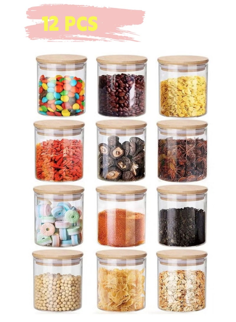 طقم برطمان تخزين زجاجي مكون من 12 قطعة بغطاء من الخيزران برطمان توابل زجاجي صغير بغطاء محكم الغلق (250 مل) - Image 1