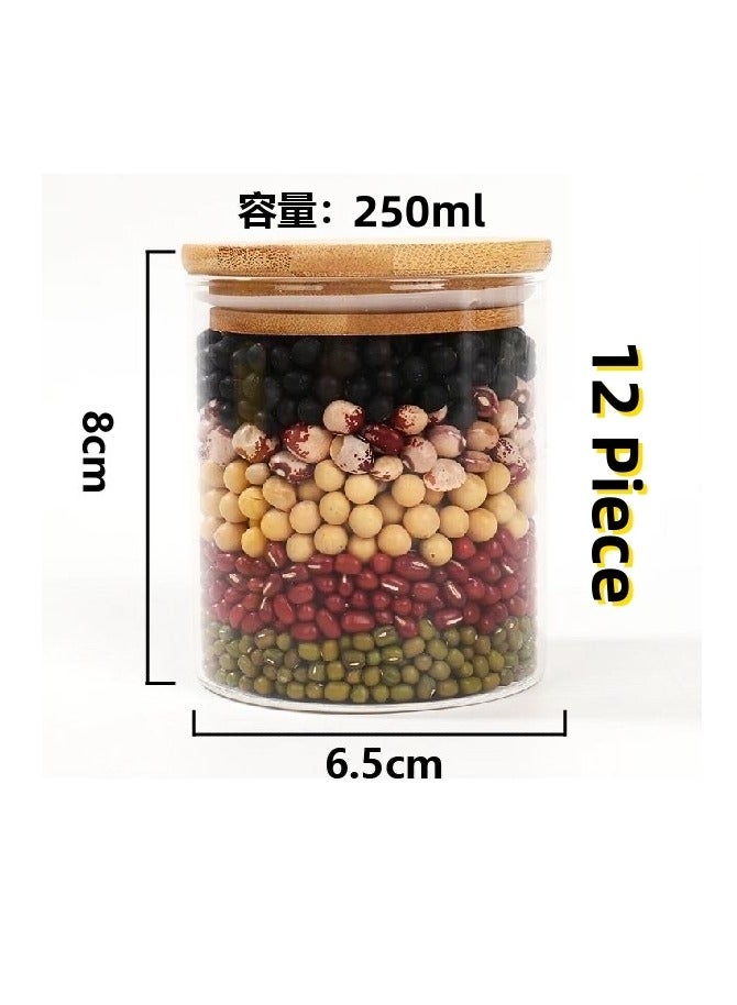 طقم برطمان تخزين زجاجي مكون من 12 قطعة بغطاء من الخيزران برطمان توابل زجاجي صغير بغطاء محكم الغلق (250 مل) - Image 2