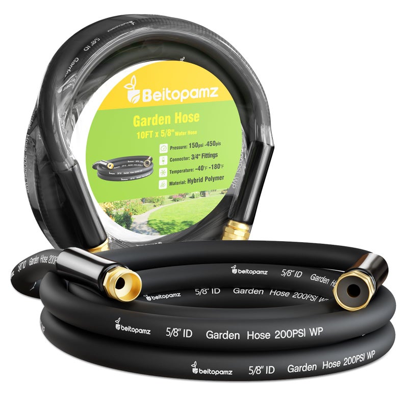 Beitopamz Short Garden Hose 10 ft x 5/8 in Male to Female Heavy Duty Small Water Hose Extender Connector, Lightweight Rubber Hybrid Leader Hose, Leak-Free Connections, 3/4'' Brass Fittings, Black - Image 1