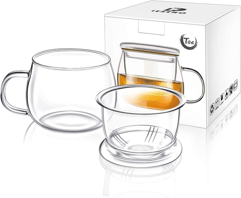 NILKANTH 13 Ounce Tea Cups Kits Loose TeaLeaf Brewing System Thickened Glass Cups with Tea Infuser Basket and Lid Simple Filtration Teacups Great for Family Daily Flat Lid - Image 1