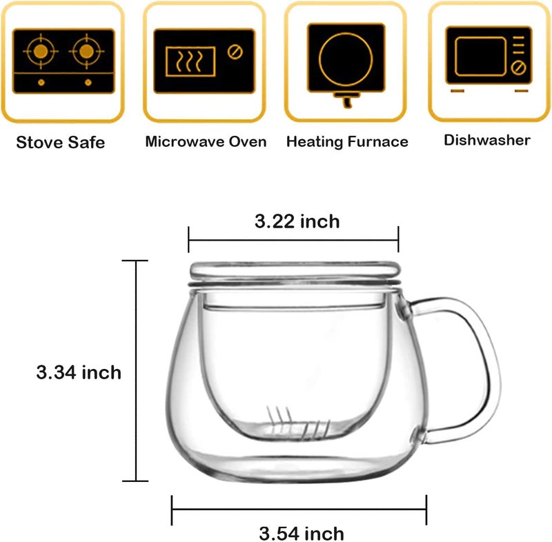 NILKANTH 13 Ounce Tea Cups Kits Loose TeaLeaf Brewing System Thickened Glass Cups with Tea Infuser Basket and Lid Simple Filtration Teacups Great for Family Daily Flat Lid - Image 5