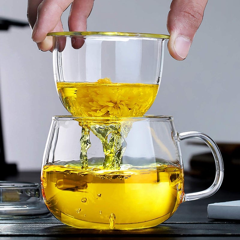 NILKANTH 13 Ounce Tea Cups Kits Loose TeaLeaf Brewing System Thickened Glass Cups with Tea Infuser Basket and Lid Simple Filtration Teacups Great for Family Daily Flat Lid - Image 3