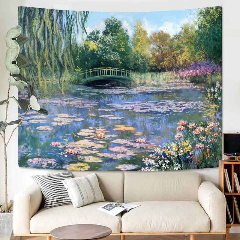 Accnicc Monet Water Lilies Tapestry Green Floral Plant Tapestries Aesthetic Monet Wall Art Posters Nature Flower Garden Landscape Small Tapestrys for Bedroom Living Room Dorm 48 x 36 Inch - Image 4