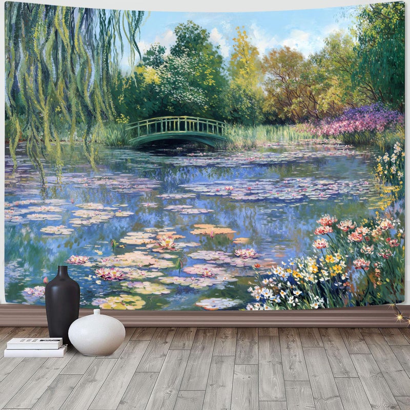 Accnicc Monet Water Lilies Tapestry Green Floral Plant Tapestries Aesthetic Monet Wall Art Posters Nature Flower Garden Landscape Small Tapestrys for Bedroom Living Room Dorm 48 x 36 Inch - Image 1