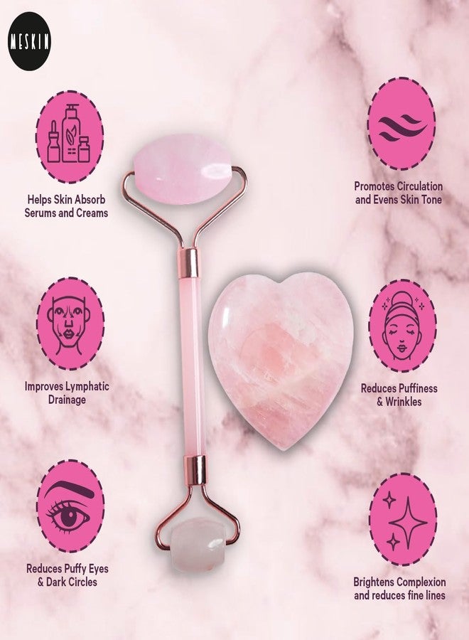 MESKIN Rose Quartz Pink Jade Roller & Heart-Shaped Gua Sha Set - Natural Stone Facial Massage Tools for Daily Skincare, Anti-Aging & Relaxation | Perfect for Soothing and Rejuvenating Skin - Image 4