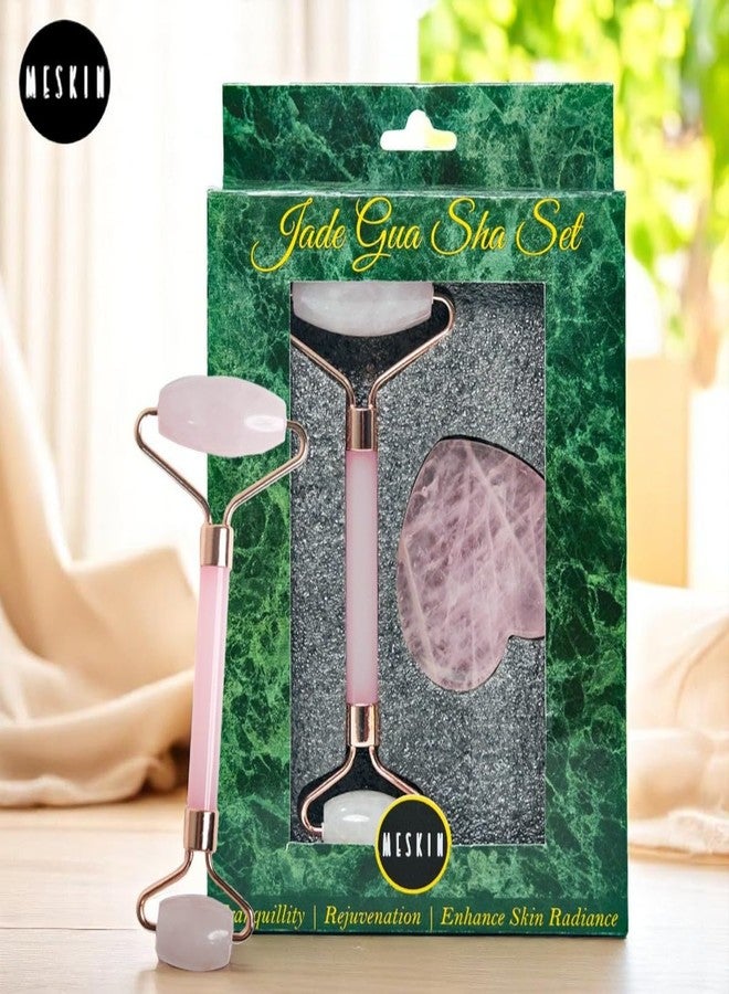 MESKIN Rose Quartz Pink Jade Roller & Heart-Shaped Gua Sha Set - Natural Stone Facial Massage Tools for Daily Skincare, Anti-Aging & Relaxation | Perfect for Soothing and Rejuvenating Skin - Image 2