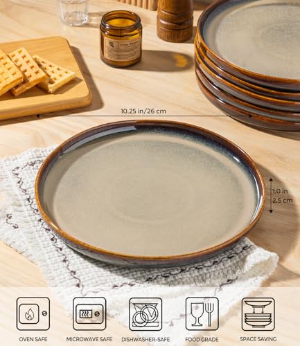 theterra Dinner Plates Set of 6, 10.25 Inch Ceramic Dinner Plates, Stoneware Dinnerware for Kitchen, Oven & Microwave & Dishwasher Safe, Coffee Bean - Image 2