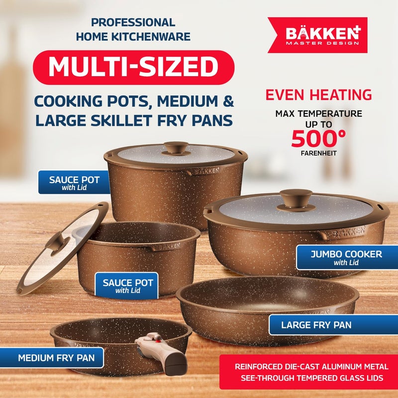 BAKKENMASTER Bakken Master 38 Piece Granite Cookware and Bakeware Set â€“ Nonstick Granite Coating, Pots and Pans with Detachable Handles and Tempered Glass Lids, 6-piece Bakeware set, 12-piece Mixing Bowls,Brown - Image 3