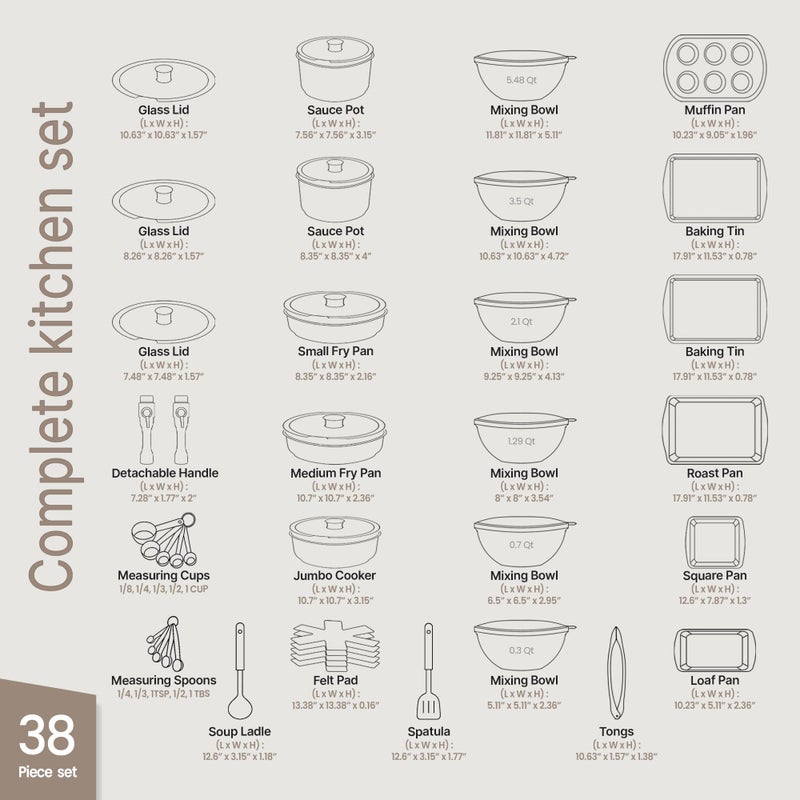 BAKKENMASTER Bakken Master 38 Piece Granite Cookware and Bakeware Set â€“ Nonstick Granite Coating, Pots and Pans with Detachable Handles and Tempered Glass Lids, 6-piece Bakeware set, 12-piece Mixing Bowls,Brown - Image 2