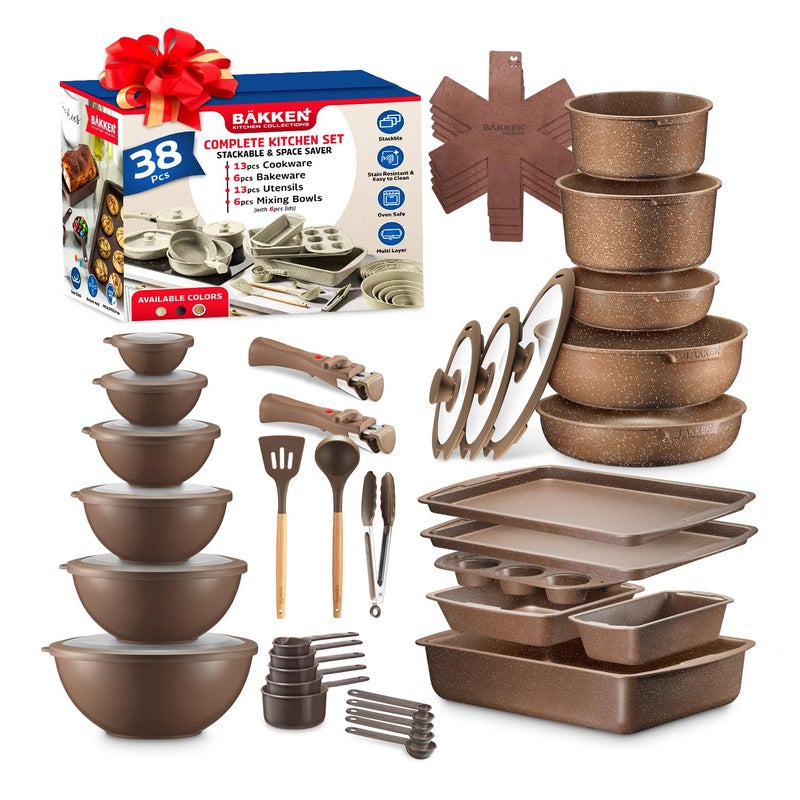 BAKKENMASTER Bakken Master 38 Piece Granite Cookware and Bakeware Set â€“ Nonstick Granite Coating, Pots and Pans with Detachable Handles and Tempered Glass Lids, 6-piece Bakeware set, 12-piece Mixing Bowls,Brown - Image 1
