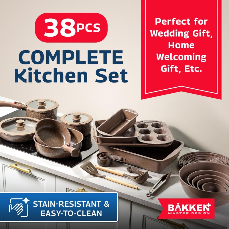 BAKKENMASTER Bakken Master 38 Piece Granite Cookware and Bakeware Set â€“ Nonstick Granite Coating, Pots and Pans with Detachable Handles and Tempered Glass Lids, 6-piece Bakeware set, 12-piece Mixing Bowls,Brown - Image 5