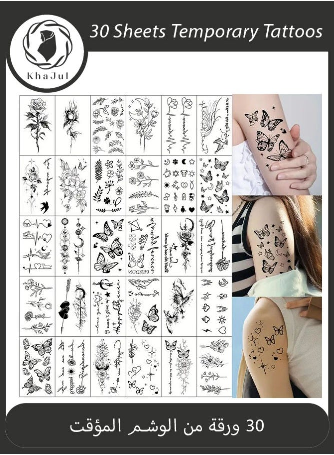 KHAJUL 30 Sheets Temporary Tattoos, Black Sketch Floral Heart Butterfly Text Pattern Fake Tattoo Stickers, with Various Mixed Design Styles - Image 1