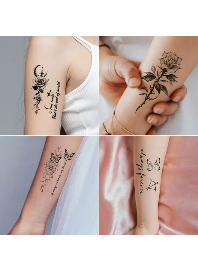 KHAJUL 30 Sheets Temporary Tattoos, Black Sketch Floral Heart Butterfly Text Pattern Fake Tattoo Stickers, with Various Mixed Design Styles - Image 4