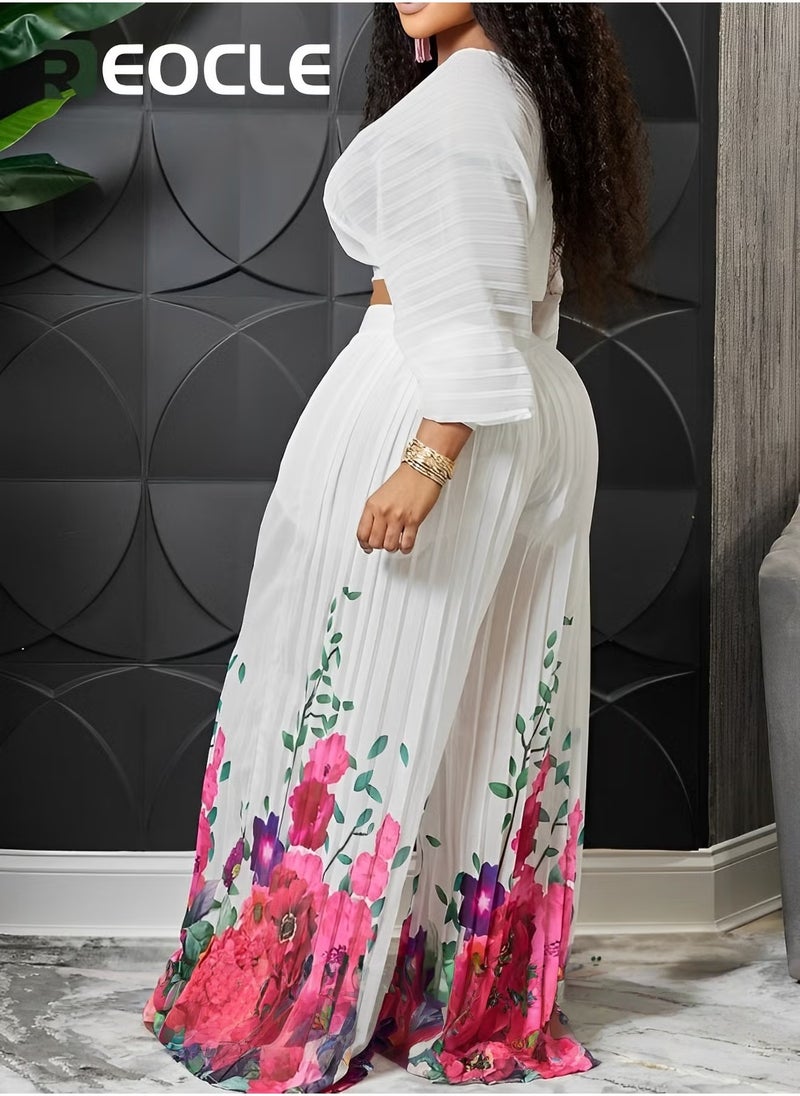 REOCLE Fashion Suit V-neck Bat-sleeve Chiffon Top Pleated Wide-leg Pants Two-piece Set Skin-friendly Breathable Comfortable Slim  Elegant - Image 3