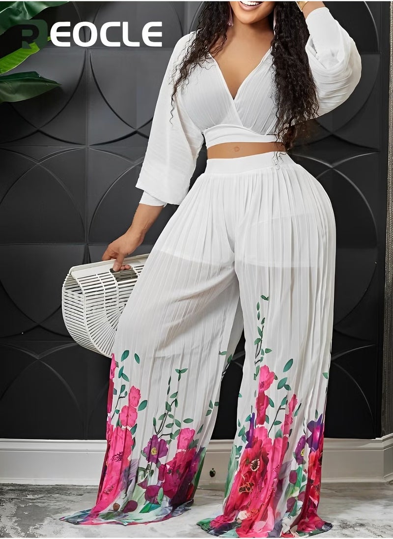 REOCLE Fashion Suit V-neck Bat-sleeve Chiffon Top Pleated Wide-leg Pants Two-piece Set Skin-friendly Breathable Comfortable Slim  Elegant - Image 2