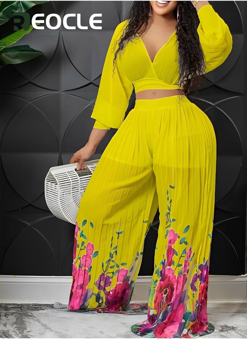 REOCLE Fashion Suit V-neck Bat-sleeve Chiffon Top Pleated Wide-leg Pants Two-piece Set Skin-friendly Breathable Comfortable Slim  Elegant - Image 4