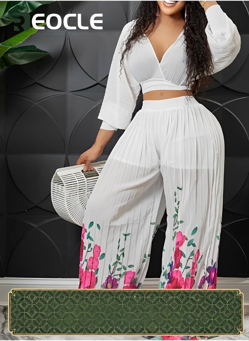 REOCLE Fashion Suit V-neck Bat-sleeve Chiffon Top Pleated Wide-leg Pants Two-piece Set Skin-friendly Breathable Comfortable Slim  Elegant - Image 1