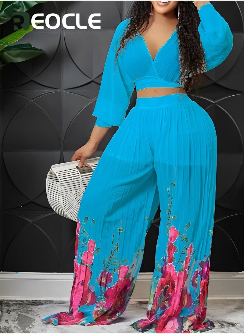 REOCLE Fashion Suit V-neck Bat-sleeve Chiffon Top Pleated Wide-leg Pants Two-piece Set Skin-friendly Breathable Comfortable Slim  Elegant - Image 5