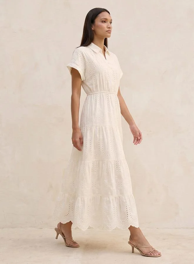 Youth Embroidered Tiered Cotton Dress with Scalloped Hemline