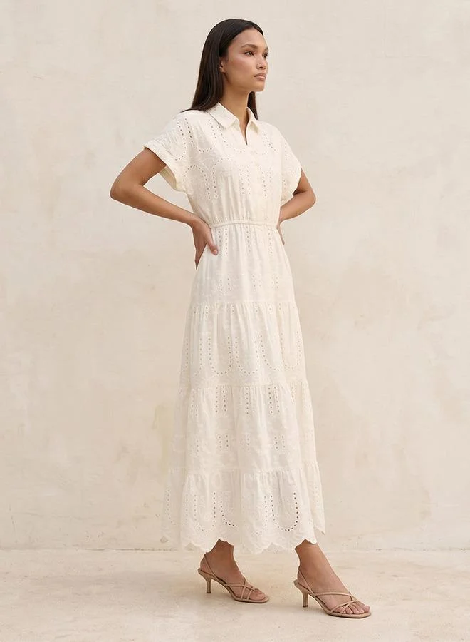Splash FAV White Youth Embroidered Tiered Cotton Dress with Scalloped Hemline for Women | Best Price UAE