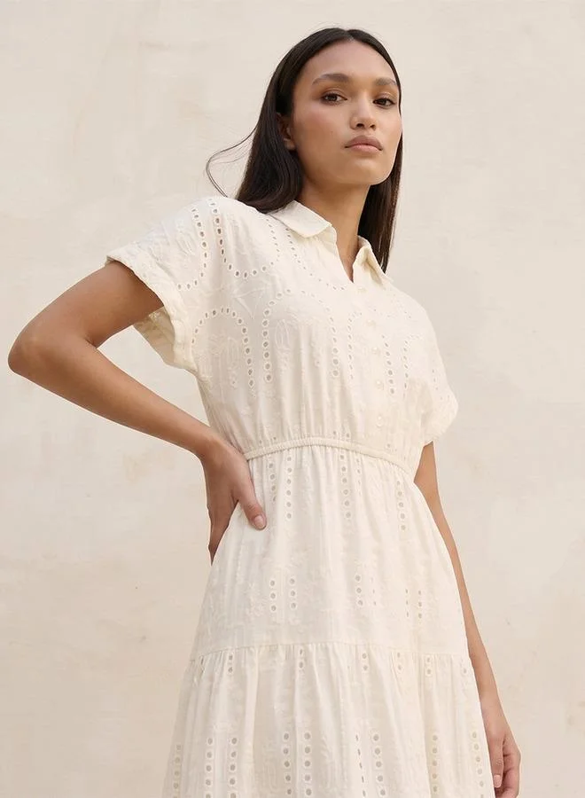 Splash FAV White Youth Embroidered Tiered Cotton Dress with Scalloped Hemline for Women | Best Price UAE