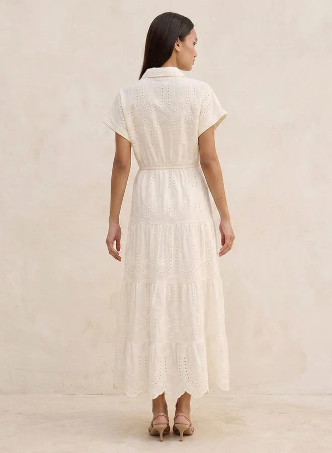 Splash FAV White Youth Embroidered Tiered Cotton Dress with Scalloped Hemline for Women | Best Price UAE