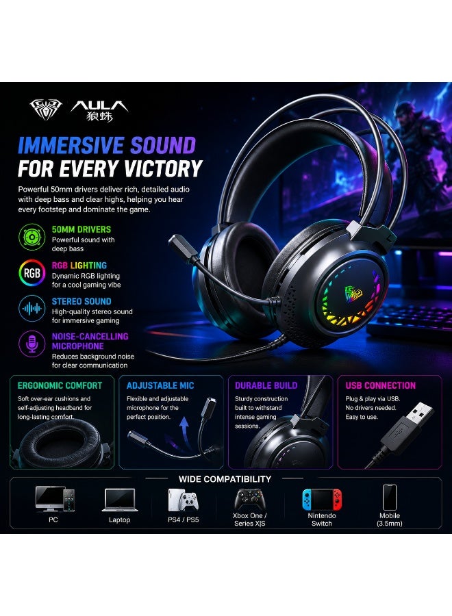 AULA S611 USB RGB Gaming Headset – Wired Stereo Over-Ear Gaming Headphones with 50mm Drivers & Noise-Cancelling Microphone for PC & Laptop - Image 2