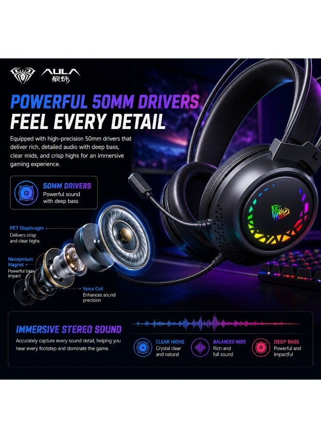 AULA S611 USB RGB Gaming Headset – Wired Stereo Over-Ear Gaming Headphones with 50mm Drivers & Noise-Cancelling Microphone for PC & Laptop - Image 3