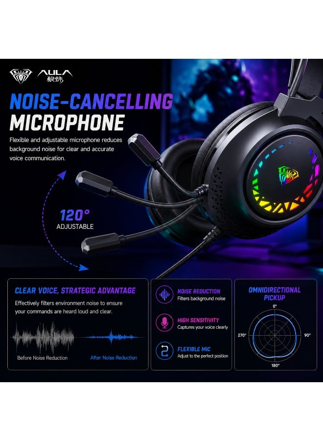 AULA S611 USB RGB Gaming Headset – Wired Stereo Over-Ear Gaming Headphones with 50mm Drivers & Noise-Cancelling Microphone for PC & Laptop - Image 4