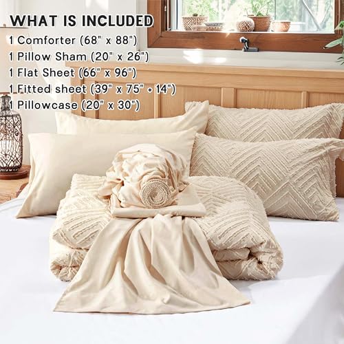 Zzlpp Twin Comforter Set 5 Pieces, Beige Tufted Bed in a Bag with Comforter, Pillow Sham, Pillowcase, Flat Sheet, Fitted Sheet - All Season Boho Bedding Sets - Image 5