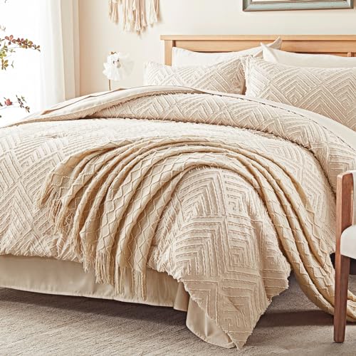 Zzlpp Twin Comforter Set 5 Pieces, Beige Tufted Bed in a Bag with Comforter, Pillow Sham, Pillowcase, Flat Sheet, Fitted Sheet - All Season Boho Bedding Sets - Image 2