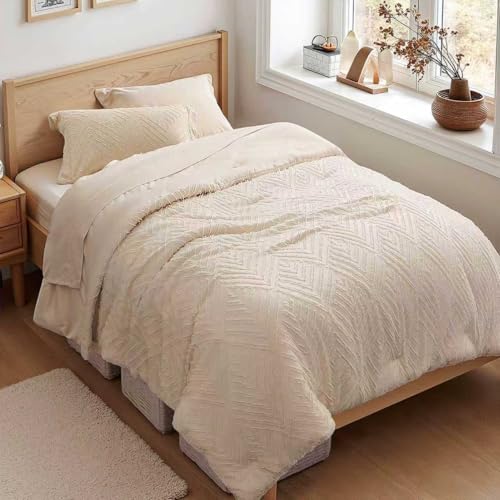 Zzlpp Twin Comforter Set 5 Pieces, Beige Tufted Bed in a Bag with Comforter, Pillow Sham, Pillowcase, Flat Sheet, Fitted Sheet - All Season Boho Bedding Sets - Image 1