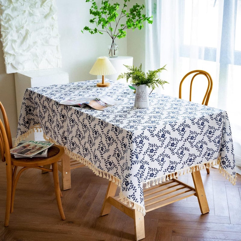 YUURAINVUVU Vintage Dark Blue Floral Rectangle Tablecloth  Cotton Linen Fabric Table Cloth with Tassel Table Cover Pastoral Rectangle Table Cloths for Outdoor Indoor Kitchen Farmhouse55x86Inch - Image 4