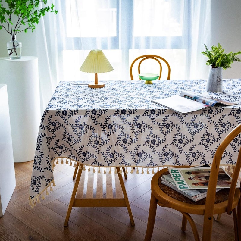 YUURAINVUVU Vintage Dark Blue Floral Rectangle Tablecloth  Cotton Linen Fabric Table Cloth with Tassel Table Cover Pastoral Rectangle Table Cloths for Outdoor Indoor Kitchen Farmhouse55x86Inch - Image 3