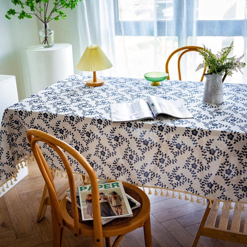 YUURAINVUVU Vintage Dark Blue Floral Rectangle Tablecloth  Cotton Linen Fabric Table Cloth with Tassel Table Cover Pastoral Rectangle Table Cloths for Outdoor Indoor Kitchen Farmhouse55x86Inch - Image 1