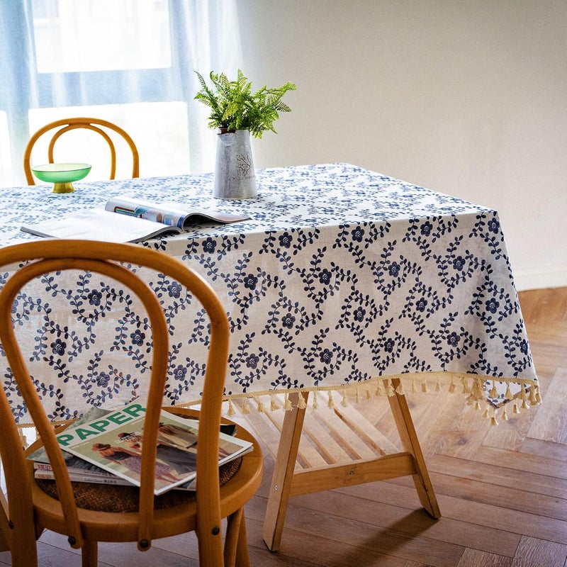 YUURAINVUVU Vintage Dark Blue Floral Rectangle Tablecloth  Cotton Linen Fabric Table Cloth with Tassel Table Cover Pastoral Rectangle Table Cloths for Outdoor Indoor Kitchen Farmhouse55x86Inch - Image 5