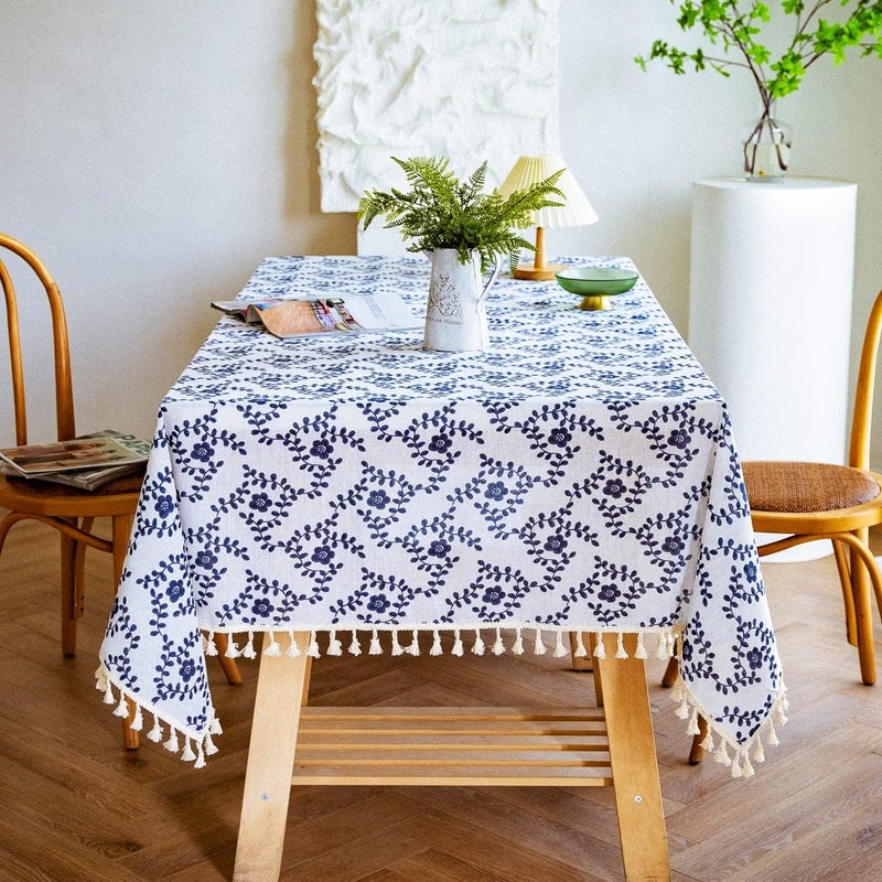 YUURAINVUVU Vintage Dark Blue Floral Rectangle Tablecloth  Cotton Linen Fabric Table Cloth with Tassel Table Cover Pastoral Rectangle Table Cloths for Outdoor Indoor Kitchen Farmhouse55x86Inch - Image 2