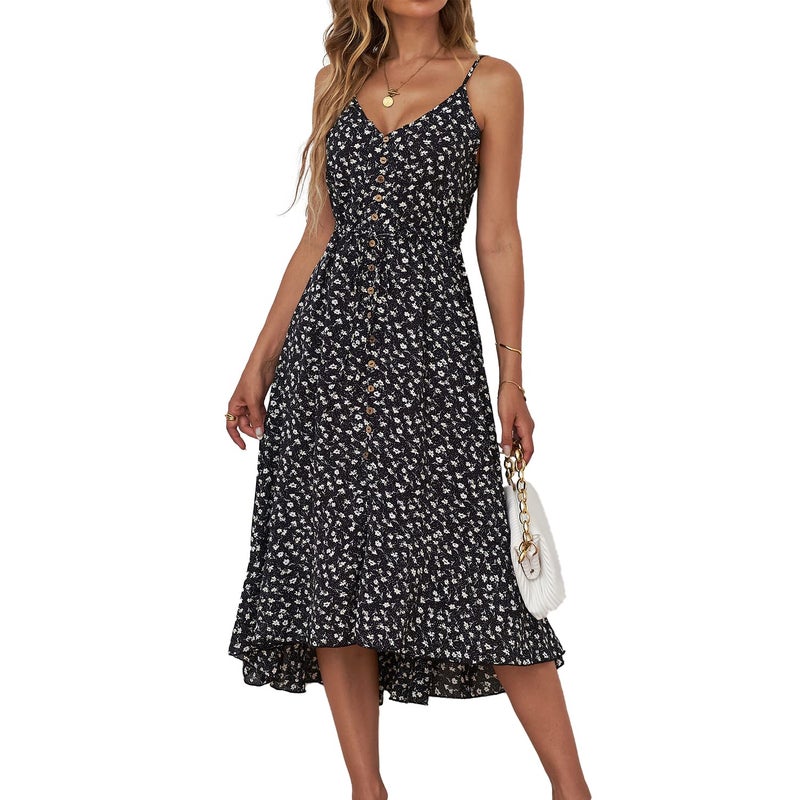 BROVAVE Women's 2025 Summer Casual Boho Sundress Polka Dot Spaghetti Strap V Neck Flowy Midi Dresses(008 Black#2, Large) - Image 1