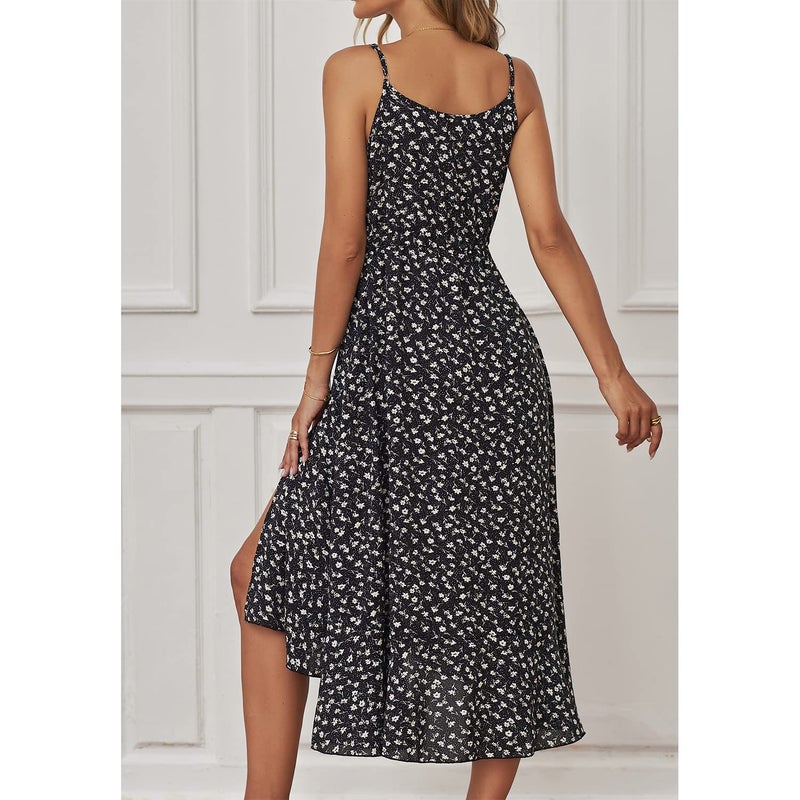 BROVAVE Women's 2025 Summer Casual Boho Sundress Polka Dot Spaghetti Strap V Neck Flowy Midi Dresses(008 Black#2, Large) - Image 3