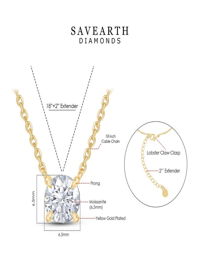 SAVEARTH DIAMONDS 18K Yellow Gold Plated Solitaire Pendant Necklace, 6.5MM Moissanite Diamond Necklace for Women Jewelry 18"+2" Inch Extender (0.90 Ctw) - Image 2